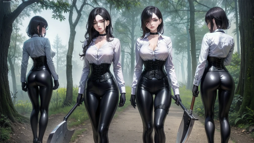 ((blood droplets)), ((blood)), ((blood splatter)), ((blood on clothes)), ((blood stain)), Masterpiece, Beautiful art, professional artist, 8k, Very detailed face, Detailed clothing, detailed fabric, 2 girls, View from the front, standing, BIG BREASTS, perfectly drawn body, shy expression, pale skin, beautiful face, long black hair, 4k eyes, very detailed eyes, pink cheeks, choker:1.6, (white long sleeve button down shirt with white collar), black gloves, gloves that cover hands, (holds an ax with his right hand), (black leather corset), (shiny black leggings), Sensual Lips, show details in the eyes, dark forest, Atmosphere, fog, At night