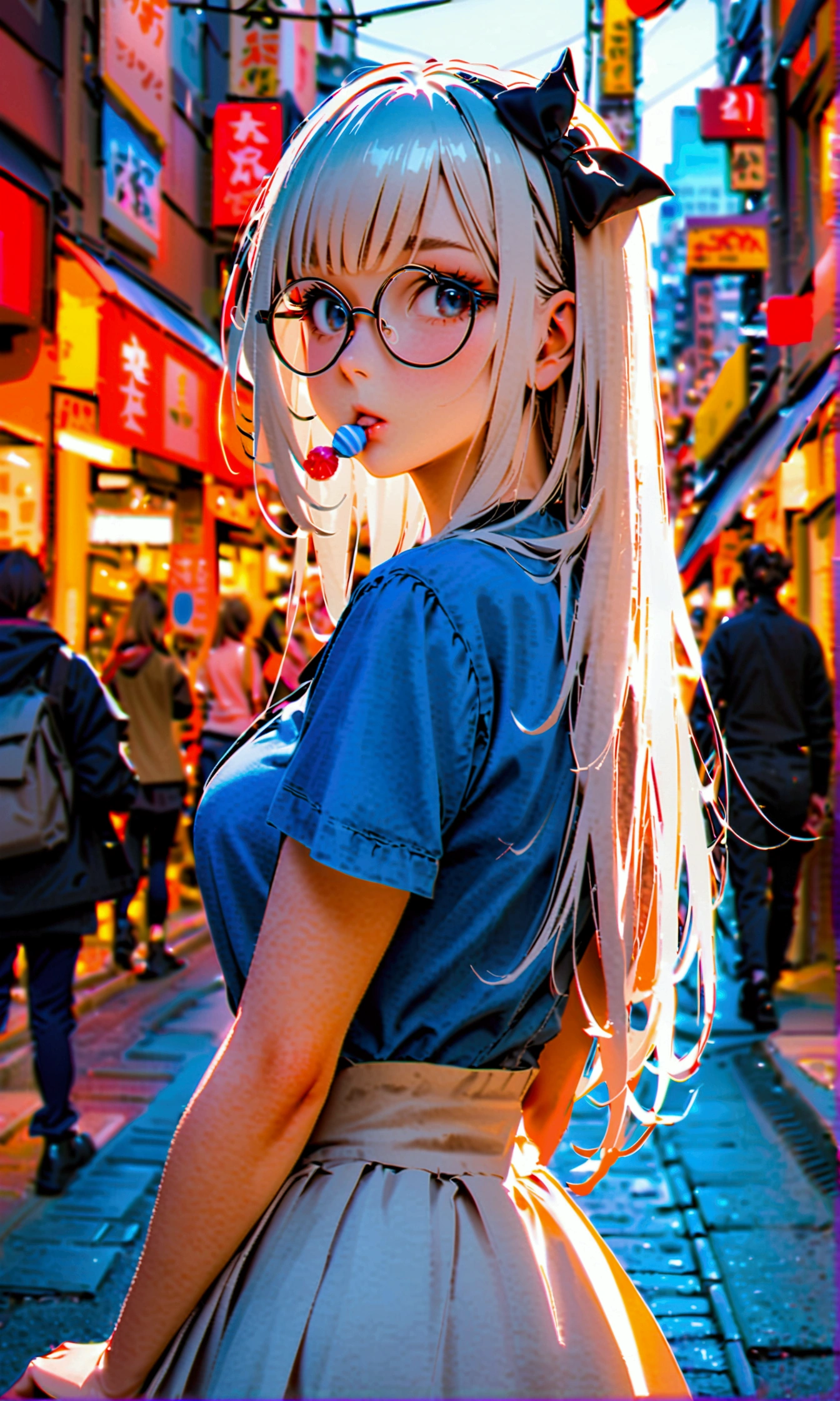 A young woman with long, white hair, bangs, a black bow on her head, black round glasses with a candy in her mouth, wearing a blue short-sleeved shirt and a short white skirt, turned her back in the middle of the city during the daytime.
