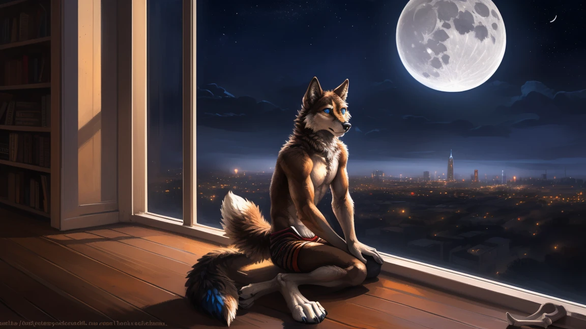 ((Solo)), male people, anthro wolf, (Multi-colored fur, White-brown:1.3), ((Wolf face, Big eyes, White eyelids, Blue pupil, Slim:1.2) (Tough, Calm expression:1.2)), (Height 2.1 meters,Tail length 1.5m), Abs, Slim, pinging, (Correct anatomy), (Contour bone:1.2), The upper body is naked, (detailed outfits), a long large tail，Feet，(Realistic fur, Detailed fur texture, labeled:1.3)), (Natural lighting), Photorealistic, Hyperrealistic, ultradetailed, by Kenket，In the modern city，Roof，the night，Sit alone，Look at the full moon，It was dark，Starry