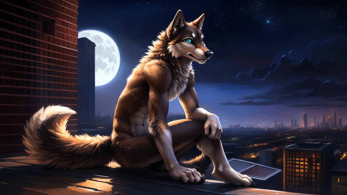 ((Solo)), male people, anthro wolf, (Multi-colored fur, White-brown:1.3), ((Wolf face, Big eyes, White eyelids, Blue pupil, Slim:1.2) (Tough, Calm expression:1.2)), (Height 2.1 meters,Tail length 1.5m), Abs, Slim, pinging, (Correct anatomy), (Contour bone:1.2), The upper body is naked, (detailed outfits), a long large tail，Feet，(Realistic fur, Detailed fur texture, labeled:1.3)), (Natural lighting), Photorealistic, Hyperrealistic, ultradetailed, by Kenket，In the modern city，Roof，the night，Sit alone，Look at the full moon，It was dark，Starry