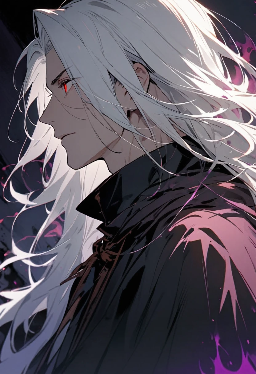 male, long hair, white hair, red eyes, cloak, dark aura, side view, experienced, face close, mature,, thoughtful