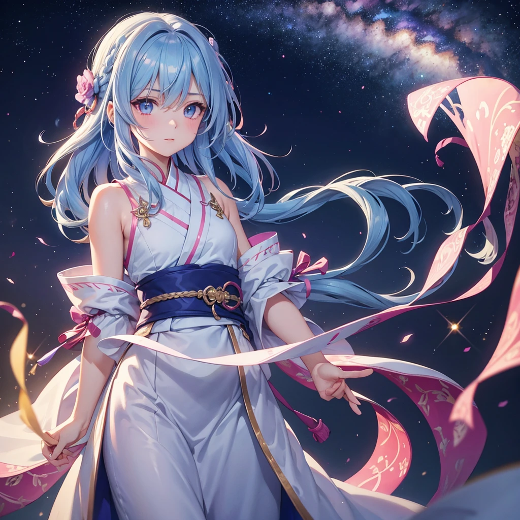 (Sky blue braid hair),Pink Eyes,Fair skin ,(whole body),(One girl),Hanfu,(The beautiful, sparkling Milky Way in the night sky),Lonely Eyes,,(masterpiece, Highest quality, Very detailed, Best Shadow), (Detailed Background), (Beautifully detailed face), High Contrast, (Best lighting, Very delicate and beautiful), ((Cinematic Light)), colorful, Hyper Detail, Dramatic Light, Intricate details,