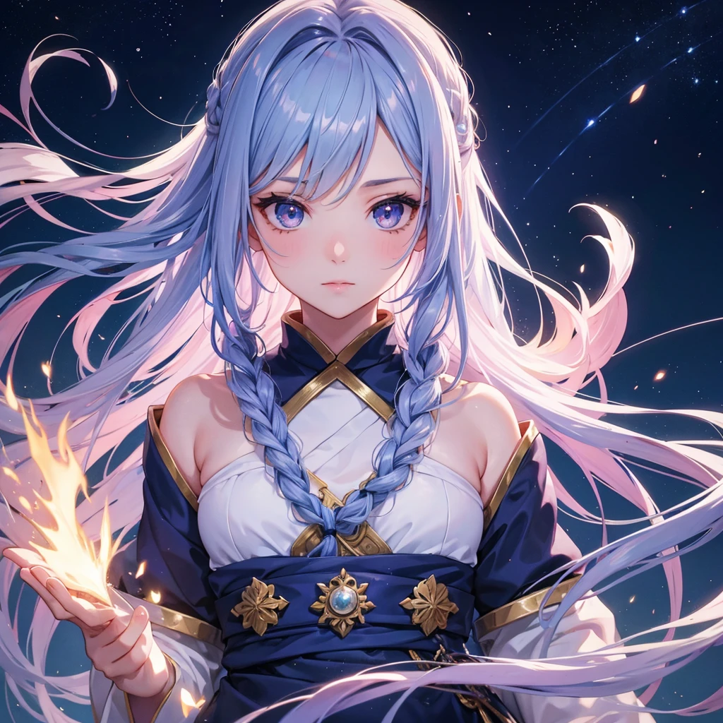 (Sky blue braid hair),Pink Eyes,Fair skin ,(whole body),(One girl),Hanfu,(The beautiful, sparkling Milky Way in the night sky),Lonely Eyes,,(masterpiece, Highest quality, Very detailed, Best Shadow), (Detailed Background), (Beautifully detailed face), High Contrast, (Best lighting, Very delicate and beautiful), ((Cinematic Light)), colorful, Hyper Detail, Dramatic Light, Intricate details,