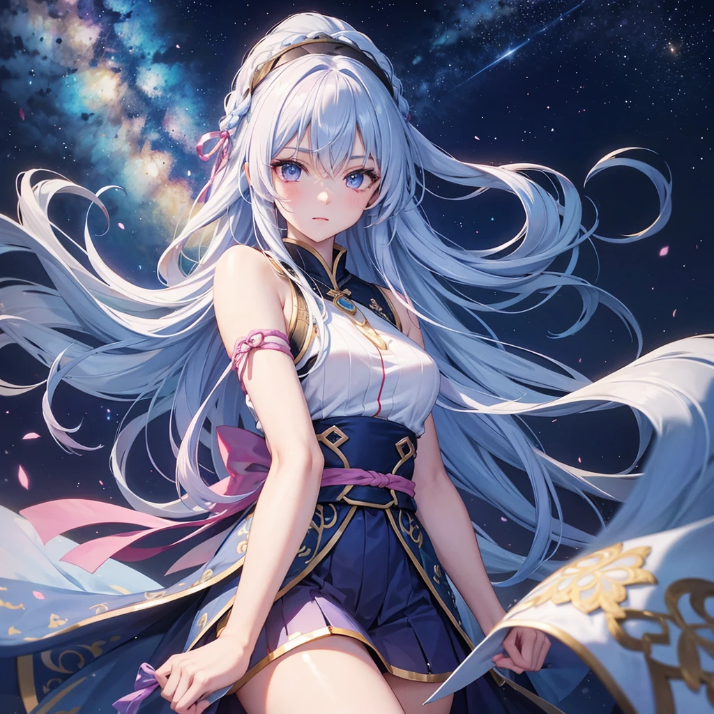 (Sky blue braid hair),Pink Eyes,Fair skin ,(whole body),(One girl),Hanfu,(The beautiful, sparkling Milky Way in the night sky),Lonely Eyes,,(masterpiece, Highest quality, Very detailed, Best Shadow), (Detailed Background), (Beautifully detailed face), High Contrast, (Best lighting, Very delicate and beautiful), ((Cinematic Light)), colorful, Hyper Detail, Dramatic Light, Intricate details,