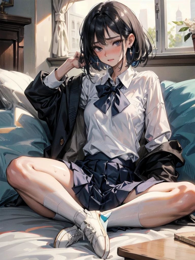 absurdres, RAW photo, extremely delicate and beautiful, masterpiece, Best Quality, ultra high resolution, 32k, hyperrealistic, ultra-detailed, perfect figure, in her 20s, very small head, very small face, delicate facial features, tearful mole, earring, huge breasts, legs, full body shot, medium hair, black hair, Colored inner hair, sweat, school_uniform,