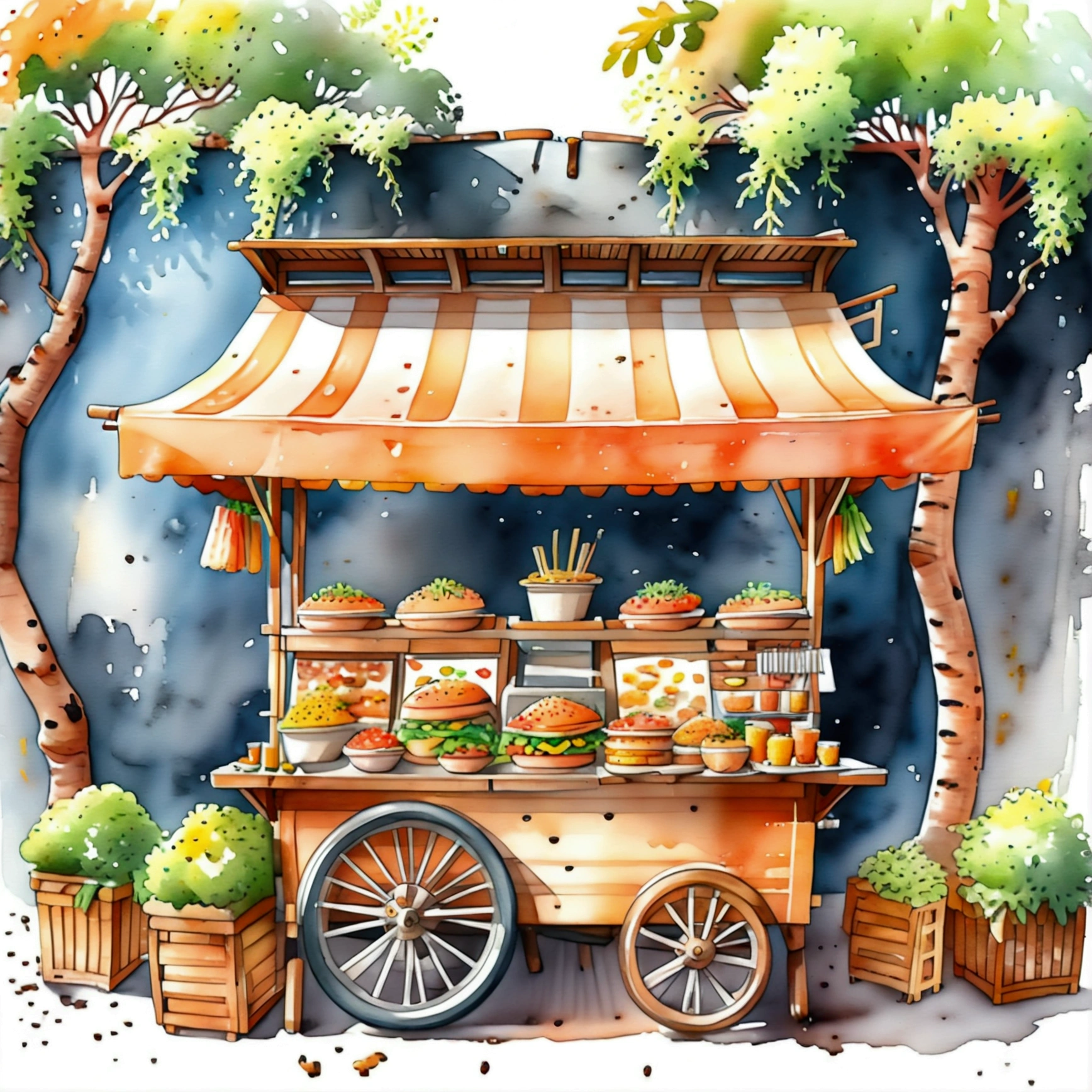 street food stall of healthy food, illustration, isolated with solid white background, surrounded with negative space, centered composition, 8k, highest detailed painting, very precise painting, Isolated, clear solid white background, perspective angle of view, cartoon style, ((watercolor:1)), clip art, (lora:add-detail-xl:1.5), (masterpiece), (best quality),