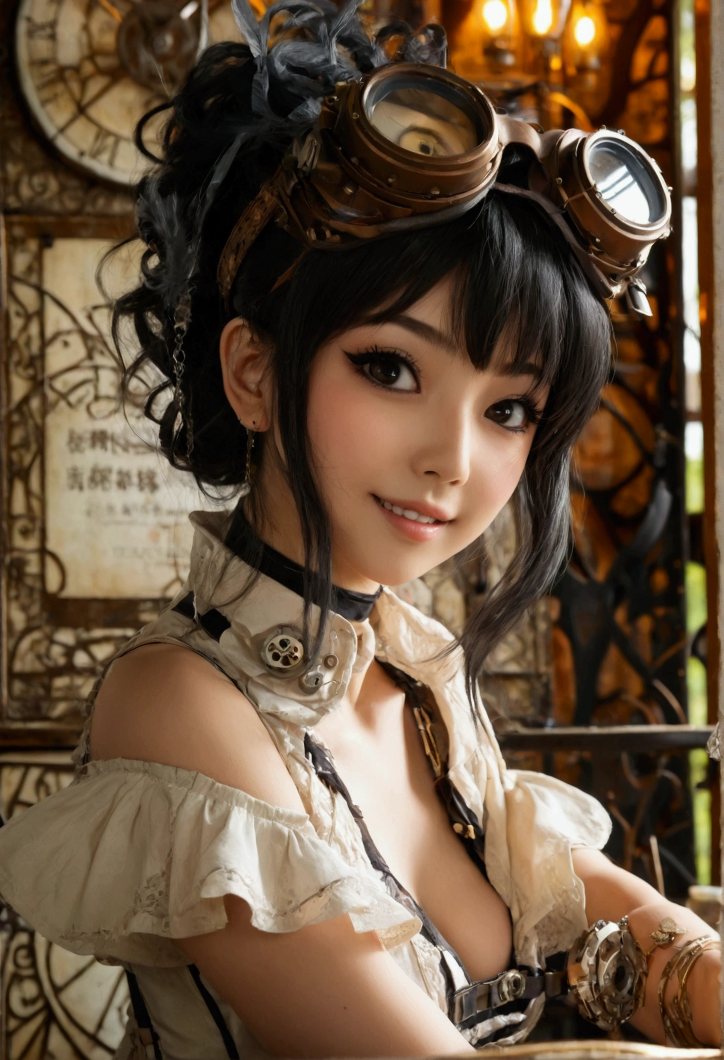 masterpiece. A gorgeous model ((stunning face, smokey anime eyes, thin eyebrows, long eyelashes, flirty smile, winning smile, mid-twenties, DD-size breasts, anime hair)) with a playful smile, full body shot. steampunk style, Steampunk style bar in the background, tattered skirt ((Asian inspired)), Steampunk goggles around her neck, thick thighs, She is strong and sinewy with easy-going Playful eyes ((large almond-shaped smokey anime style eyes)). she's turning her head to one side and tilting down slightly while biting her lower lip and large anime smokey eyes turned focused on the viewer, leaning over a table, Strong, rough, and sinewy. Intricate, symmetrical face, detailed face features, soft skin, plaster modeling, delicate detail, intricate details, painstaking attention to detail, Split Lighting, dof, gorgeous, irresistible, perfect, polished, radiant, detailed face. 8k, sharp focus