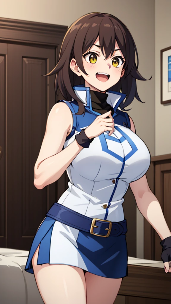 masterpiece, best quality, highres,1girl, solo, ta1, white jacket, sleeveless, blue skirt, fingerless gloves,  makurada junko, turtleneck, white vest, sleeveless, high collar, belt, blue miniskirt, huge breasts, arrogant, laughing, open mouth, cowboy shot, indoors, bedroom