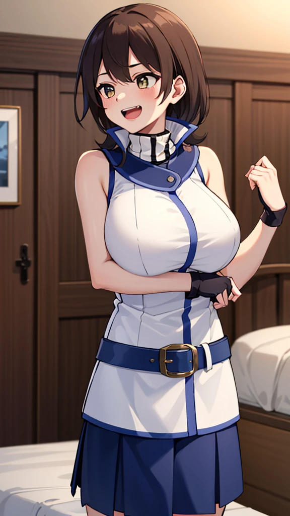 masterpiece, best quality, highres,1girl, solo, ta1, white jacket, sleeveless, blue skirt, fingerless gloves,  makurada junko, turtleneck, white vest, sleeveless, high collar, belt, blue miniskirt, huge breasts, arrogant, laughing, open mouth, cowboy shot, indoors, bedroom