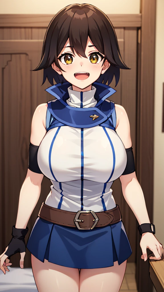 masterpiece, best quality, highres,1girl, solo, ta1, white jacket, sleeveless, blue skirt, fingerless gloves,  makurada junko, turtleneck, white vest, sleeveless, high collar, belt, blue miniskirt, huge breasts, arrogant, laughing, open mouth, cowboy shot, indoors, bedroom