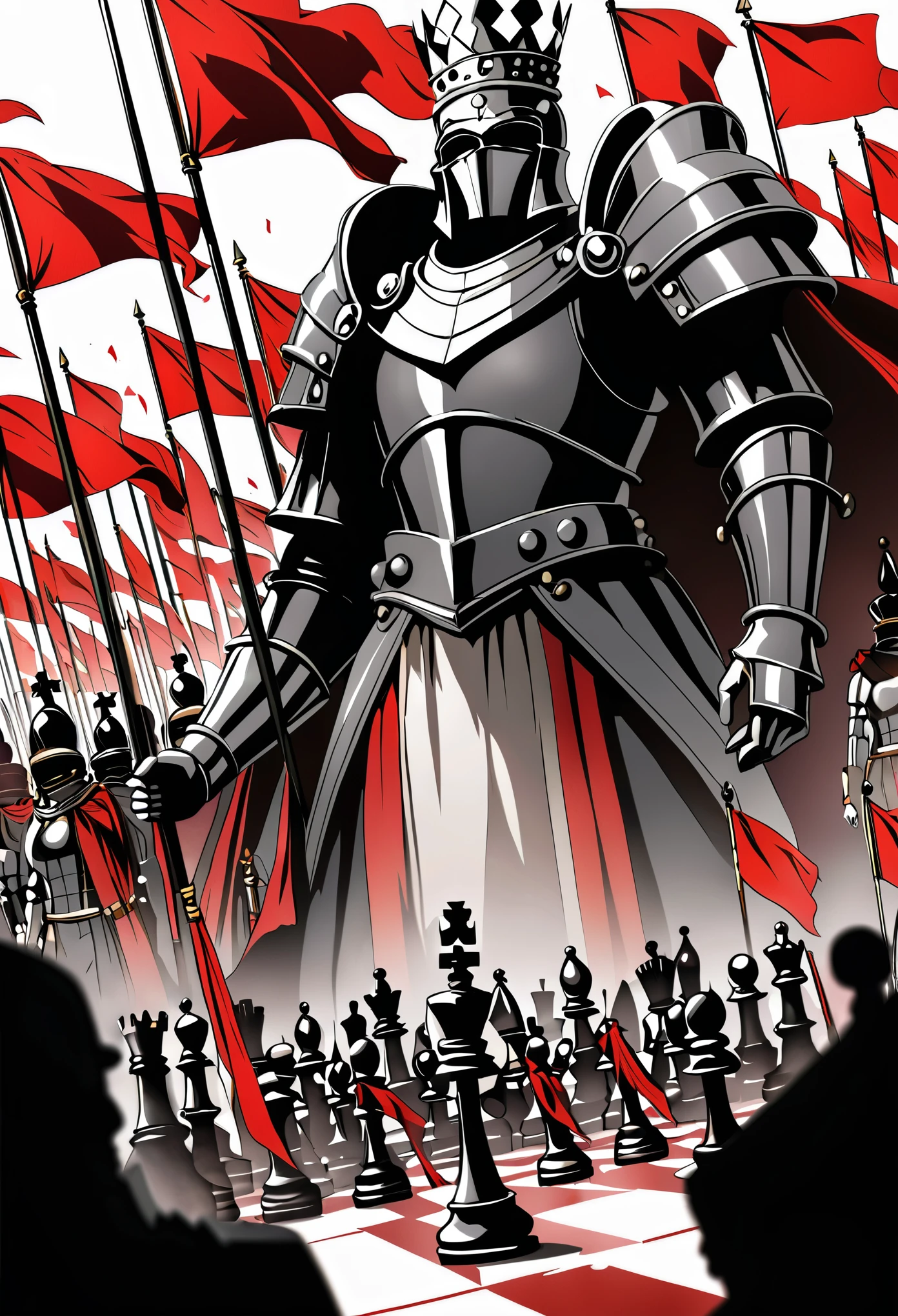 in style of Ashley Wood,Ultra-wide-angle lens,close-up,queen,queen \(chess\),close up,countless battle flags flew,a neatly arranged procession swayed behind the queen,graphic novels illustration,