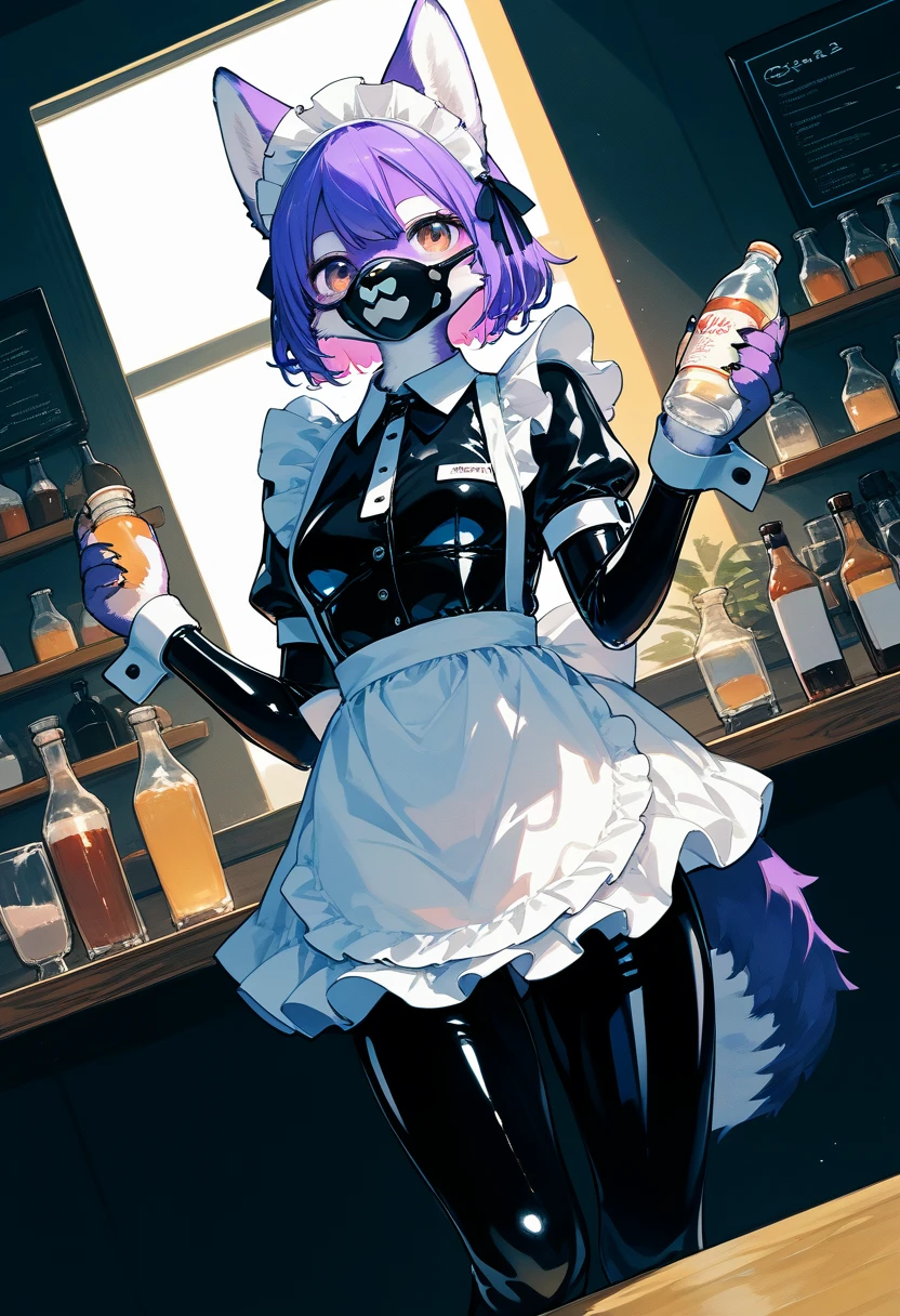Highest quality, Highest quality, High quality illustrations, masterpiece, Ultra-high resolution, Detailed Background, maid Cafe, Bottle, Absurd, Perfect Anatomy, performance, Good lighting, Shadows in the movies(kemono, Furry Personifi猫ion), Rubber suit, Rubber suit, latex, neon, neonライト, neonカラー, Purple Rubber Maid Outfit, ribbon, Rubber mask