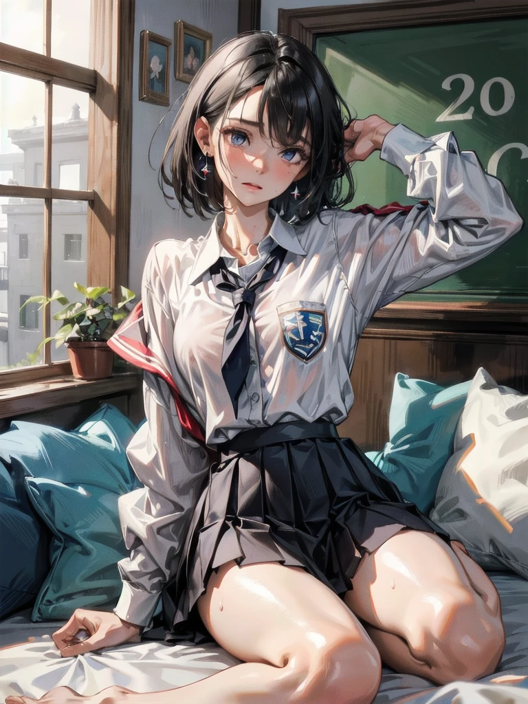 absurdres, RAW photo, extremely delicate and beautiful, masterpiece, Best Quality, ultra high resolution, 32k, hyperrealistic, ultra-detailed, perfect figure, in her 20s, very small head, very small face, delicate facial features, tearful mole, earring, huge breasts, legs, full body shot, medium hair, black hair, Colored inner hair, sweat, school_uniform,