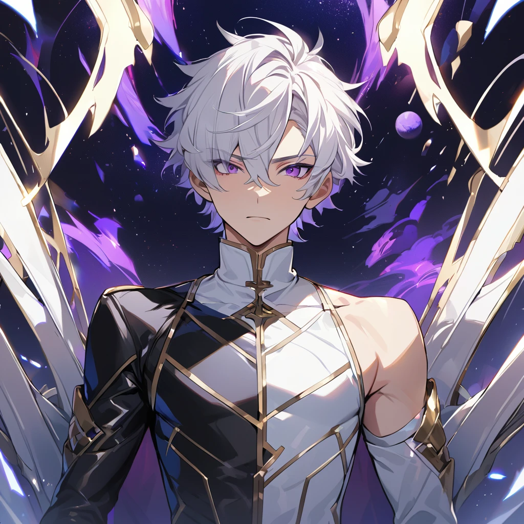 High quality, HD, 4k, no shadows, handsome male, 1male, 17 years old, teenager, golden lining, short white hair, sharp eyes, dark purple eyes, deep purple eyes, devil may cry, close up, calm expression, stoic expression, black leather clothes, white leather clothing, lean body, well trained body, upper body, looking at viewer, cowboy shot, white solar, space background