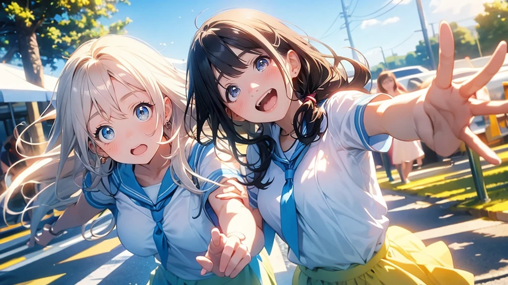 highest quality、real、Bright colors、bright lighting、2 people、happy smile、detailed eyes and lips、Girl wearing、fun atmosphere、Expressive laughter、excited look、uniform、like々new energy、Outdoor Scene、sunny day、beautiful scenery。
