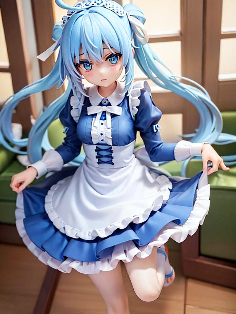 One Girl,Light blue hair,Yellow and light blue eyes,Odd Eye,Long ponytail,Bangs,Ahoge,Maid clothes,Big white ribbon in hair,Android,Figure style,whole body,Character portrait.toes,White background