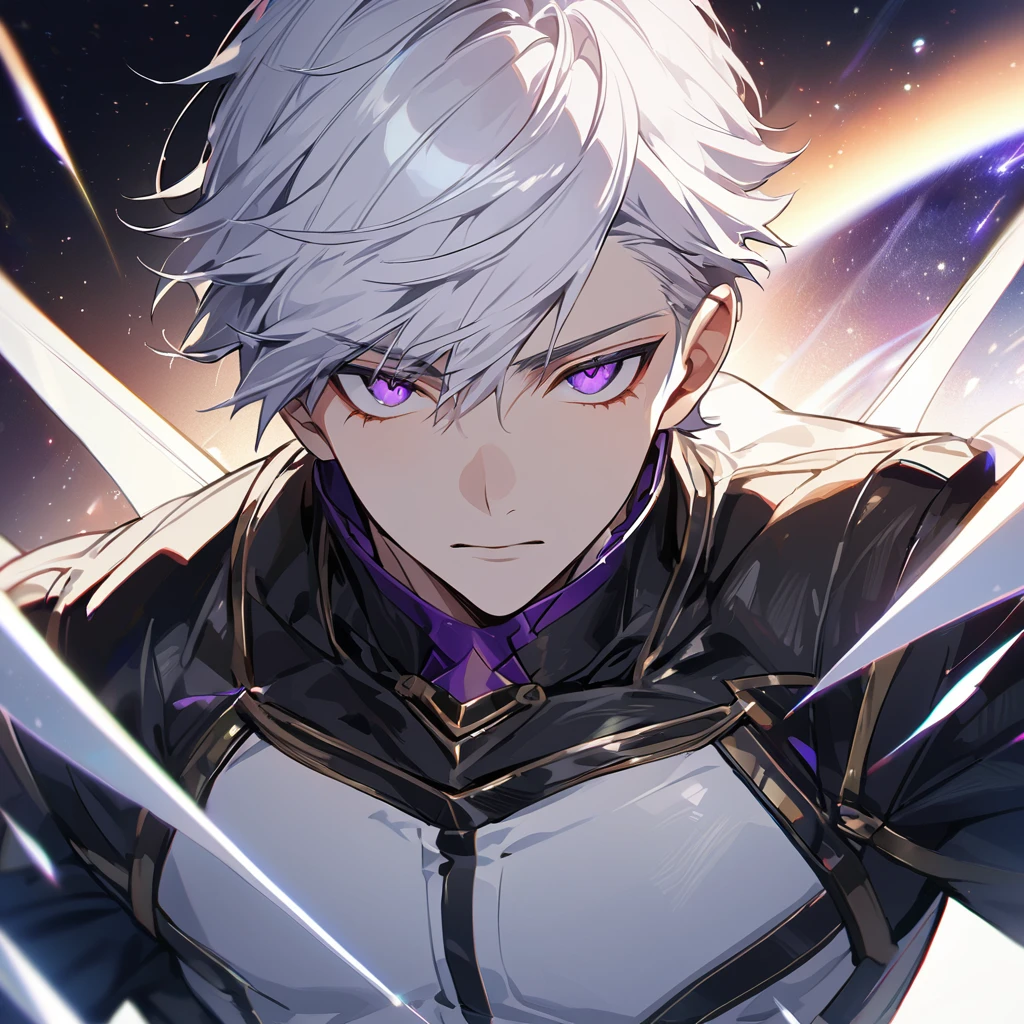 High quality, HD, 4k, no shadows, handsome male, 1male, 17 years old, teenager, golden lining, short white hair, sharp eyes, dark purple eyes, deep purple eyes, devil may cry, close up, calm expression, stoic expression, black leather clothes, white leather clothing, lean body, well trained body, upper body, looking at viewer, cowboy shot, white solar, space background