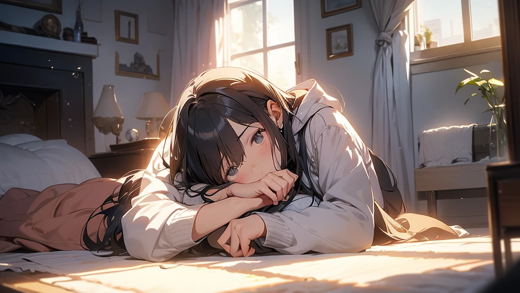 An anime girl standing in a softly lit room with a melancholic expression. She faces a tall mirror that reflects a shattered image, symbolizing broken dreams and unfulfilled expectations. The background shows a cozy room with personal items scattered around, indicating a once cherished relationship. A window lets in the soft light of a setting sun, casting long shadows and a warm glow, symbolizing the passage of time and fading hopes. The girl's posture is slightly slumped, conveying her emotional struggle. In her hand, she holds a photo of someone she once admired, now realizing the truth about them. The atmosphere is filled with a sense of sadness and realization, but also a hint of strength as she begins to accept the reality and move on. The lighting enhances her reflective mood, with shadows accentuating the depth of her emotions.
