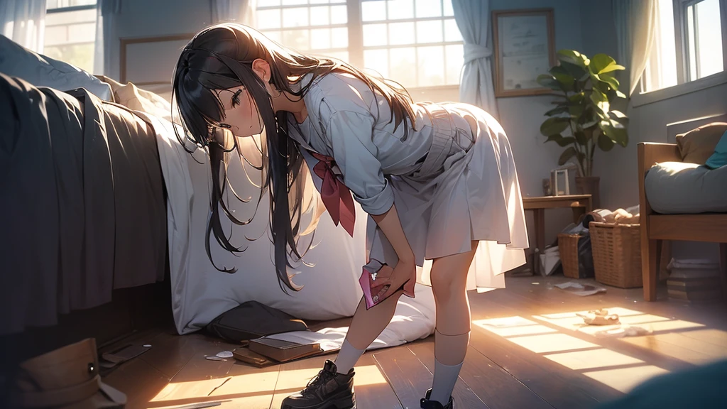 An anime girl standing in a softly lit room with a melancholic expression. She faces a tall mirror that reflects a shattered image, symbolizing broken dreams and unfulfilled expectations. The background shows a cozy room with personal items scattered around, indicating a once cherished relationship. A window lets in the soft light of a setting sun, casting long shadows and a warm glow, symbolizing the passage of time and fading hopes. The girl's posture is slightly slumped, conveying her emotional struggle. In her hand, she holds a photo of someone she once admired, now realizing the truth about them. The atmosphere is filled with a sense of sadness and realization, but also a hint of strength as she begins to accept the reality and move on. The lighting enhances her reflective mood, with shadows accentuating the depth of her emotions.
