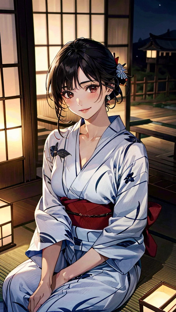 (masterpiece:1.3, Highest quality, Ultra-high resolution, Very detailed), (Realistic, photoRealistic:1.4), Beautiful illustrations, Perfect lighting, colorful, Written boundary depth, 
Beautiful detailsまでこだわった髪, Beautifully detailed face, Beautiful details, Beautiful clavicle, Beautiful body, Beautiful big breasts, Beautiful thighs, Beautiful legs, Beautiful fingers, 
Show Viewer、Front view:0.6, beauty1人, Japanese, beauty、30 years old, Perfect Face, (Perfect Anatomy, Anatomically correct), Cute and symmetrical face, Baby Face, , Shiny skin, 
(Neat and clean yukata、Black and red tones:1.4)、
(Black Hair, Updo Hair:1.4),  Dark brown eyes, The body is slim, 
hair ornaments、 
(Beautiful views), (night), (A room in a ryokan),futon、Sitting, 優しいsmile、(smile, Lips parted), 