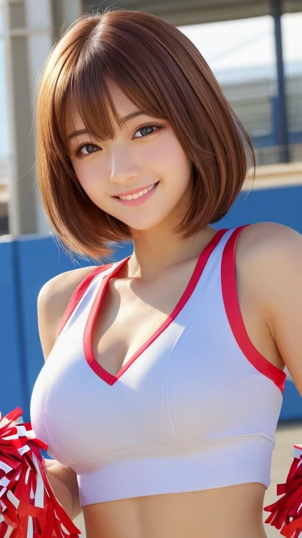 Realistic、Masseter region、Highest quality、High resolution、RAW Photos、Realistic、Bright lighting、Face Light、Smooth Professional Lighting、Japanese women、Beautiful woman、Modeled、gravure、sexy、so beautiful、Realisticで美しい肌、Beautiful and exquisite、Detailed face、slim、Large Breasts、Cleavage、short hair、Brunette colored hair、Brown eyes、Looking into the camera、Cheerleader、Cheerleader、Cheerleader、smile