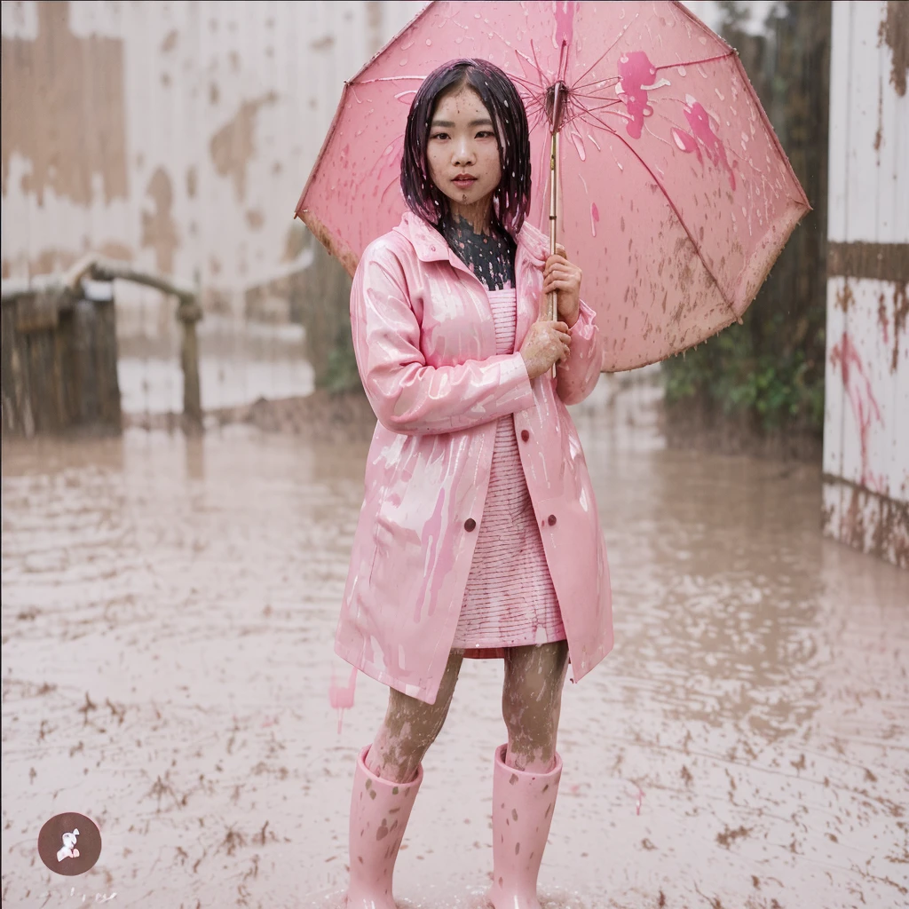 a beautiful asian woman holding a pink umbrella, cute pose, wearing a pink buttoned raincoat, tall pink rain boots, ((((muddy splatters)))), intricate details, highly detailed, masterpiece, 8k, photorealistic, cinematic lighting, vibrant colors, soft focus, elegant, feminine, beautiful, serene, graceful