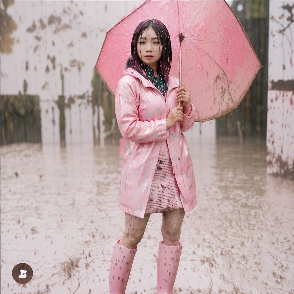 a beautiful asian woman holding a pink umbrella, cute pose, wearing a pink buttoned raincoat, tall pink rain boots, ((((muddy splatters)))), intricate details, highly detailed, masterpiece, 8k, photorealistic, cinematic lighting, vibrant colors, soft focus, elegant, feminine, beautiful, serene, graceful