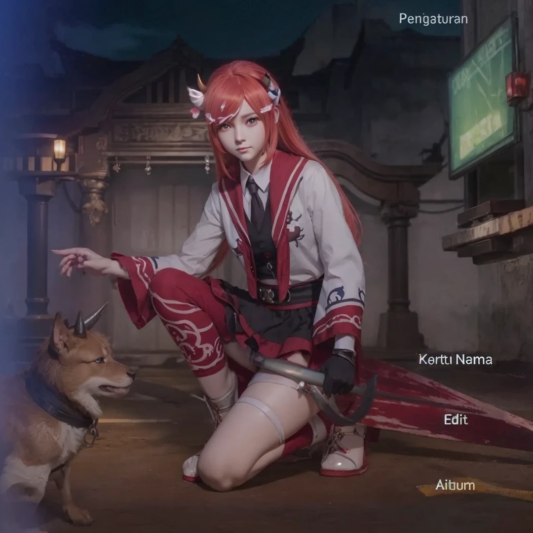 Detailed, firebackround, and cute anime demon girl with a red hair and left horn with color blue and right horn have color red