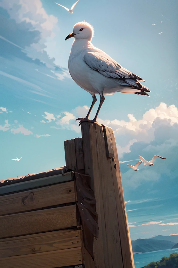 masterpiece, Highest quality, One girl, bird, Seagull, null, cloud, polka_Dot, green_null, alone, cloudy_null, bug, butterfly, Day, blush, Swarm, Outdoor, Abigail
