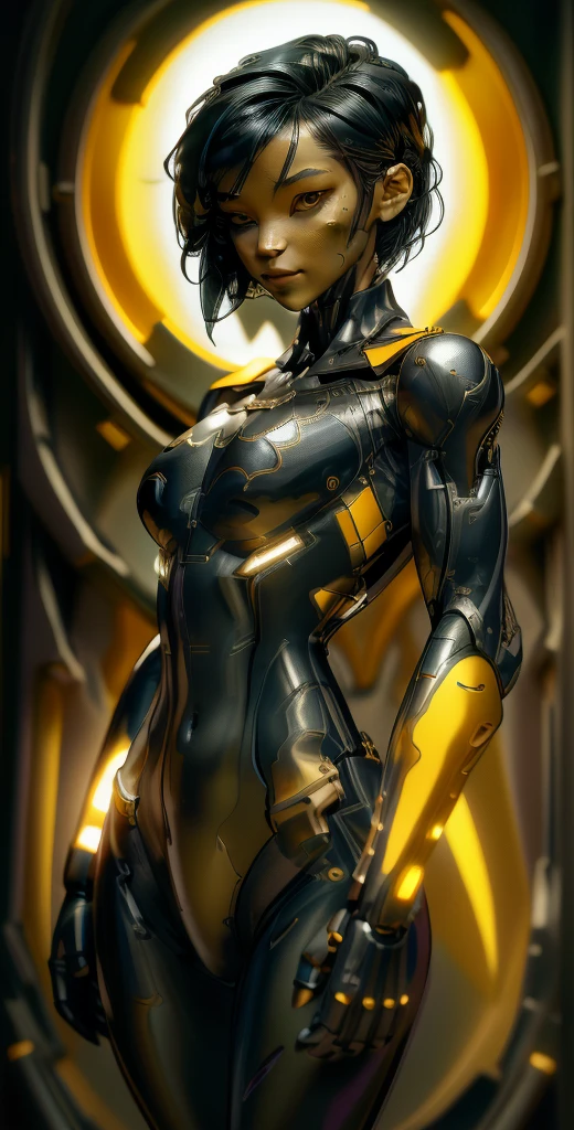 1 girl, solo, (look at viewer), ((Best quality)), ((masterpiece)), (detailed:1.4), ((upper body)), 3D, an image of a beautiful cyberpunk female,HDR (High Dynamic Range), Ray Tracing,NVIDIA RTX,Super-Resolution,Unreal 5,Subsurface scattering,PBR Texturing,Post-processing,Anisotropic Filtering,Depth-of-field,Maximum clarity and sharpness,Multi-layered textures,Albedo and Specular maps,Surface shading,Accurate simulation of light-material interaction,Perfect proportions,Octane Render,Two-tone lighting,Wide aperture,Low ISO,White balance,Rule of thirds,8K RAW, (((yellow eyes))), (((liquid metal black short hair))), CassCain, (dark skin:1.2), red eyes, black hair, short hair, medium breasts, batgirl bodysuit, belt, (( batgirl amor))
