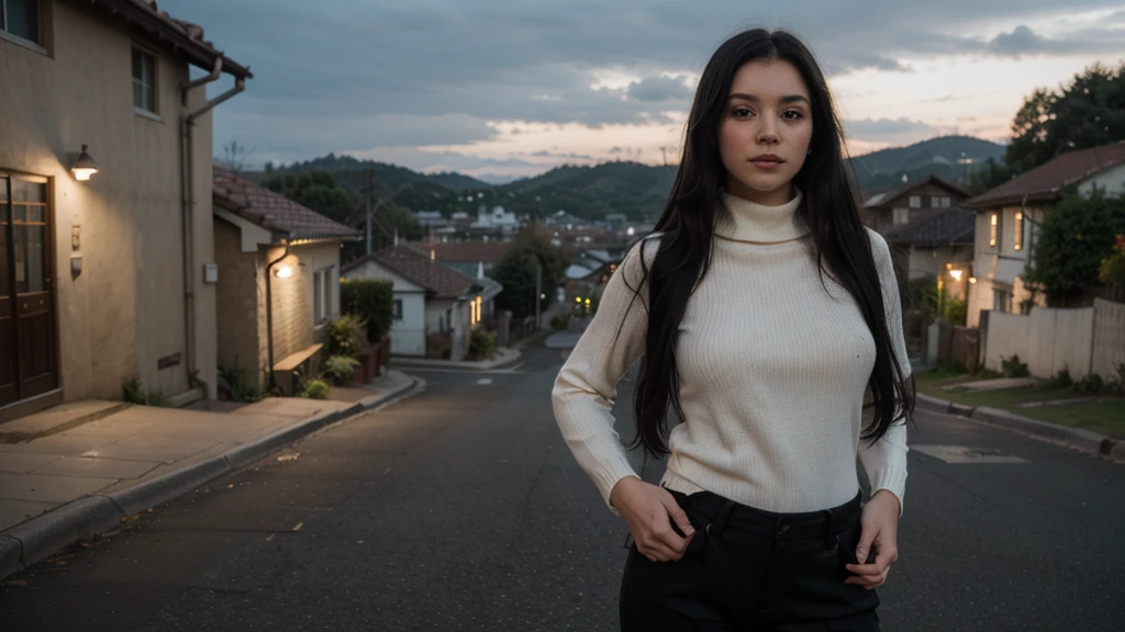 a girl(who is wearing white highneck sweater and black pant, long black hair ) is standing in pose, more realistic, background green hills, evening scene