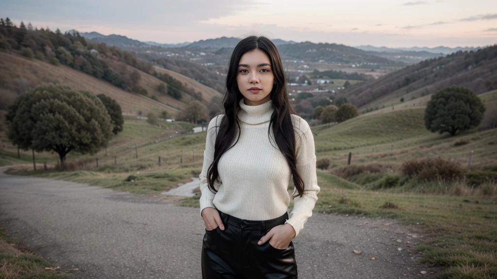 a girl(who is wearing white highneck sweater and black pant, long black hair ) is standing in pose, more realistic, background green hills, evening scene