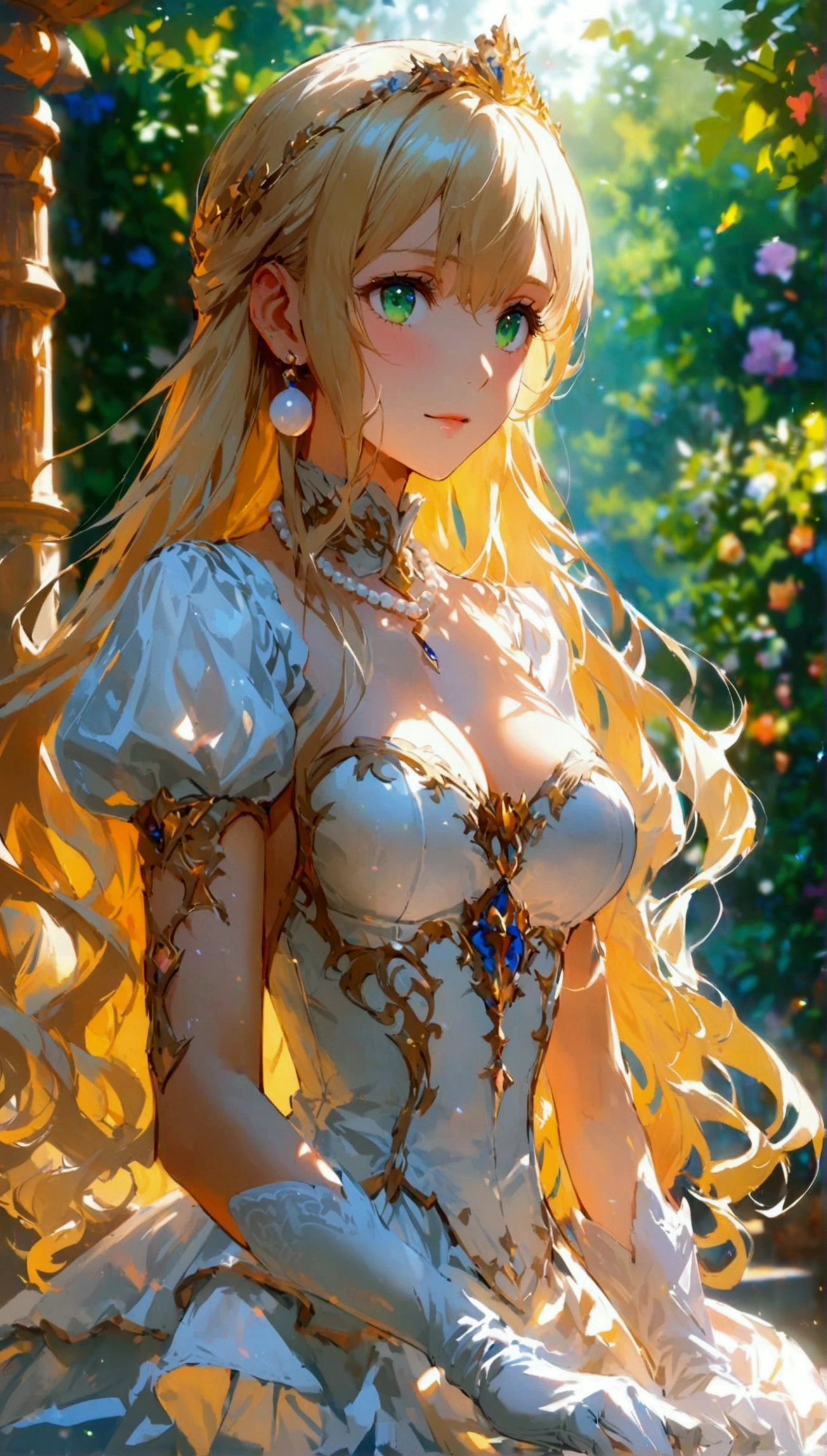 Anime. 1 Girl. Cute girl. Princess. Blonde. Long hair. Wavy hair. Green eyes. Beautiful eyes. Perfect eyes. Expressive eyes. Blind eyes. Blind. Ideal face. 16 years. Sitting chest. Beautiful breasts. Ideal anatomical body. Beautiful long legs. Luxurious white dress. White stockings. High heel shoes. White cane. Diadem. Pearl necklace. Neat earrings. White gloves. ColdStanding at full height. She is standing on the street. Stands in the royal garden. Beautiful character design. Shiny skin. Full body. Official
art. Extremely detailed CG Unity 8k wallpaper. Ideal lighting. Ultra high resolution 4K. Super detailed 8K. A high resolution.