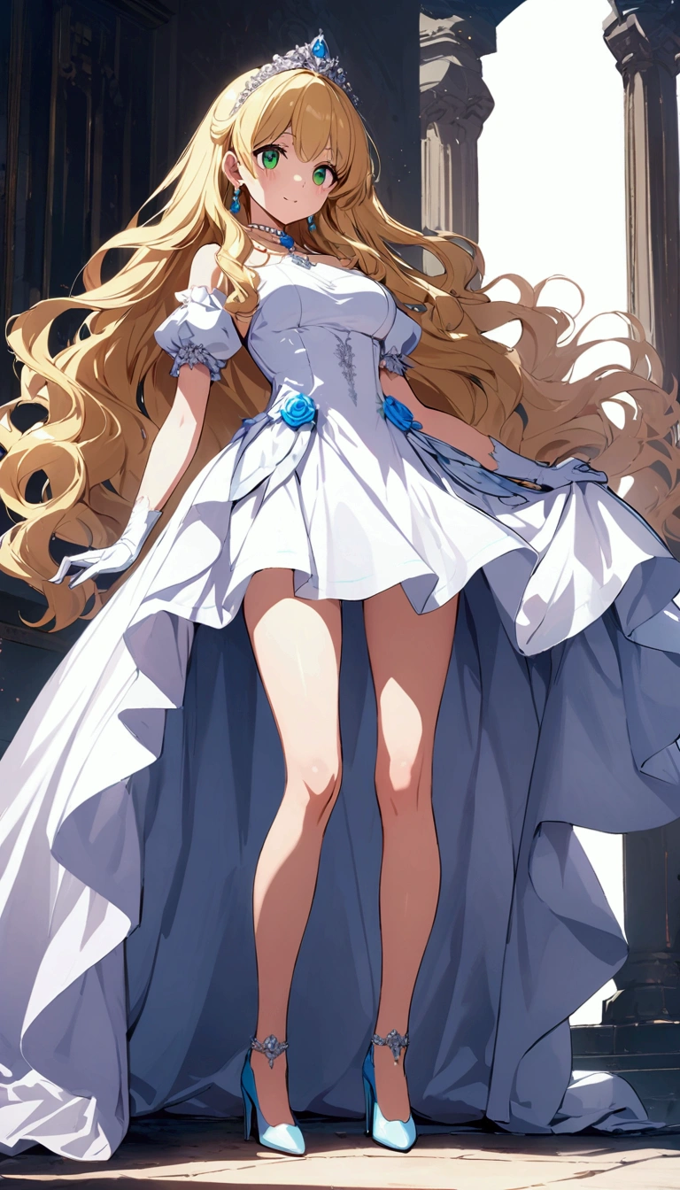 Anime. 1 Girl. Cute girl. Princess. Blonde. Long hair. Wavy hair. Green eyes. Beautiful eyes. Perfect eyes. Expressive eyes. Blind eyes. Blind. Ideal face. 16 years. Sitting chest. Beautiful breasts. Ideal anatomical body. Beautiful long legs. Luxurious white dress. White stockings. High heel shoes. White cane. Diadem. Pearl necklace. Neat earrings. White gloves. ColdStanding at full height. She is standing on the street. Stands in the royal garden. Beautiful character design. Shiny skin. Full body. Official
art. Extremely detailed CG Unity 8k wallpaper. Ideal lighting. Ultra high resolution 4K. Super detailed 8K. A high resolution.