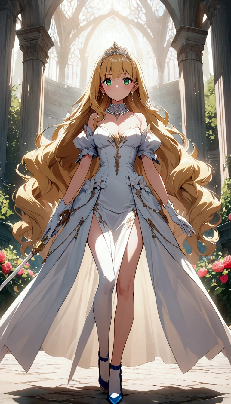 Anime. 1 Girl. Cute girl. Princess. Blonde. Long hair. Wavy hair. Green eyes. Beautiful eyes. Perfect eyes. Expressive eyes. Blind eyes. Blind. Ideal face. 16 years. Sitting chest. Beautiful breasts. Ideal anatomical body. Beautiful long legs. Luxurious white dress. White stockings. High heel shoes. White cane. Diadem. Pearl necklace. Neat earrings. White gloves. ColdStanding at full height. She is standing on the street. Stands in the royal garden. Beautiful character design. Shiny skin. Full body. Official
art. Extremely detailed CG Unity 8k wallpaper. Ideal lighting. Ultra high resolution 4K. Super detailed 8K. A high resolution.