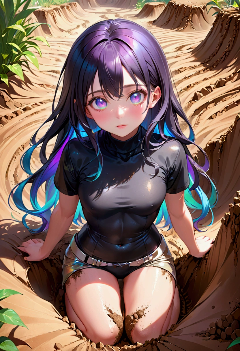 (masterpiece), best quality, expressive eyes, perfect face, Girl,long dark iridescent hair, iridescent eyes, small waist, small , large thighs,covered in dirt