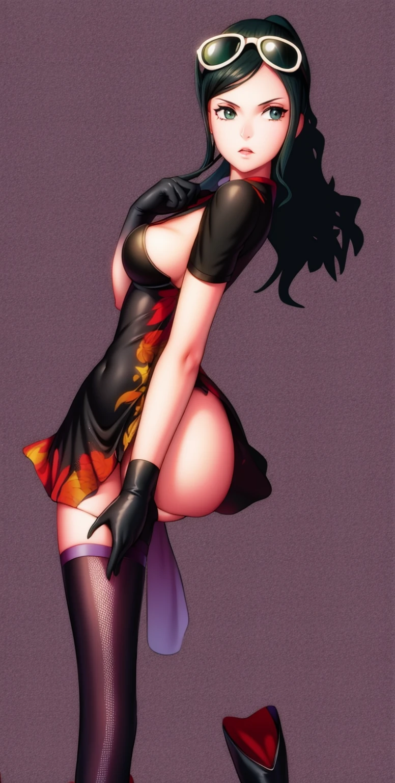 1girl, solo, boots, eyewear on head, black hair, dress, high heels, sunglasses, short dress, long hair, looking back, breasts, ponytail, nico robin, legs,medium_breasts,sideboob