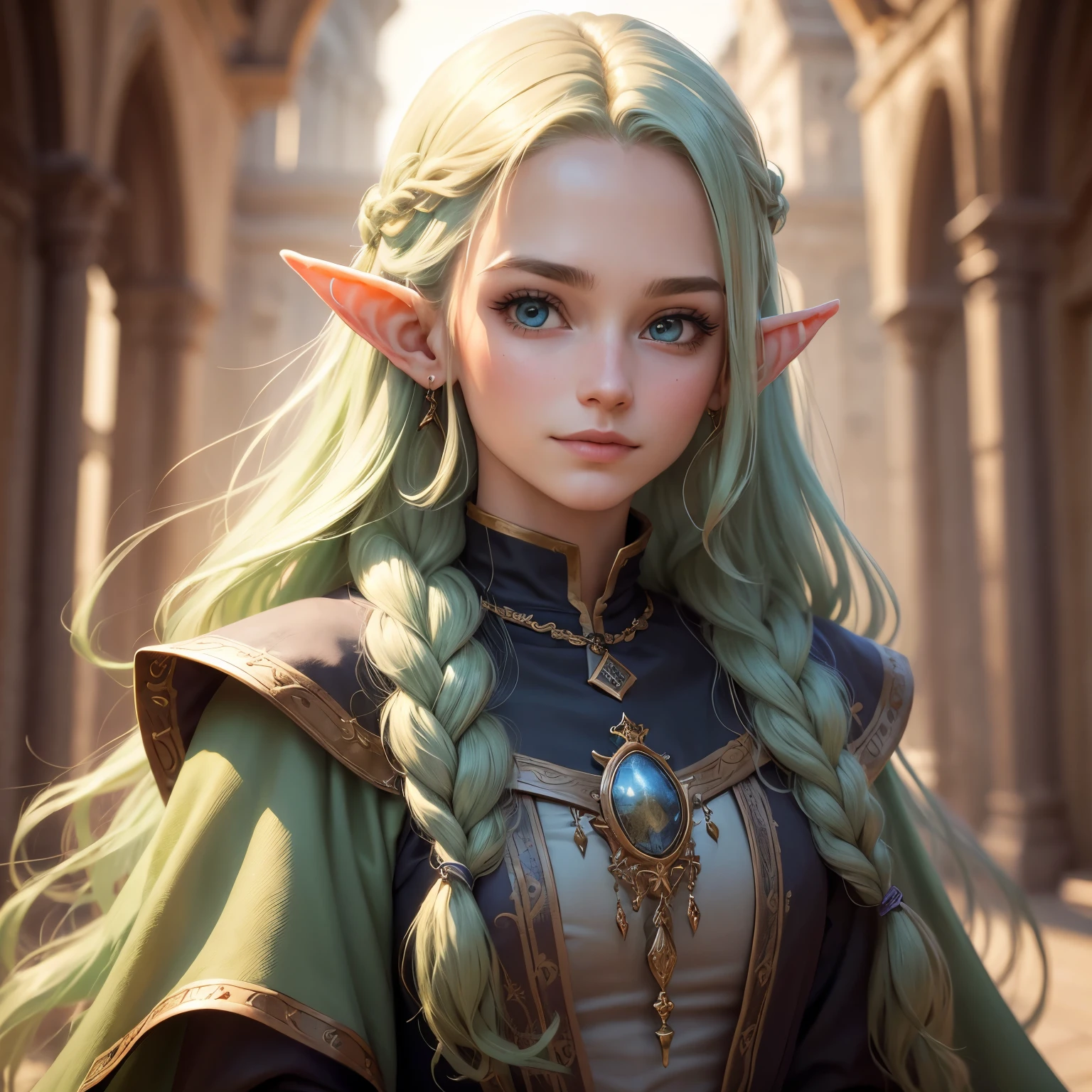 sup((best quality)), ((masterpiece)), (detailed), Prize-winning works, with incredible details, maximum textures and details, supHD ,8K,super resolution ,depth of field, retina, masterpiece, anatomically correct, textured skin, super detail, high details, highres ,an elf ,wearing medieval dress with lots of details1 Medieval female fantasy RPG elf,hair in the wind,very long light green wavy braid hair ,((hair,)),shy smile,similar to the work of JRR Tolkien,longCap ,fully body, hyper-detailed piercing eyes , (25 year old young man :1.1,detailedeyes, face detailed, whole body:1.1,the background is a magnificent castle similar to Castello de Chambord ),(best qualityer:1.2,ultra detali:1.1,realisitic:1.37) ,eyeshadows,sharp focus,swirly vibrant colors,) 