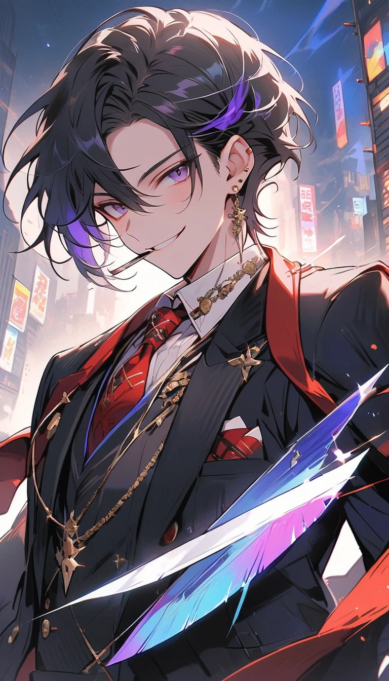 good looking, alone, 1 male, short hair,  Smile Facial,1. Boy with black and purple hair,  Moderate height, Slim body, Long coat, Black lining,good looking, short hair, Black Hair, Rainbow Hair, Purple eyes, 先端がスモーキーグレーのBlack Hair,  smoking, Black light,smile、, Bright, sharp eyes illuminate the scene,uniform,Fewer accessories,whole body,Background white,(masterpiece, Highest quality), Yishang_edge, Default_Costume, One boy, alone, Red tie, Black jacket, Black vest, Jacket on shoulders, White shirt, Collared shirt, Black trousers, View your viewers, city, night, knife,紫色に光るknife身,View your viewers, city, night, From below,Lots of cool accessories