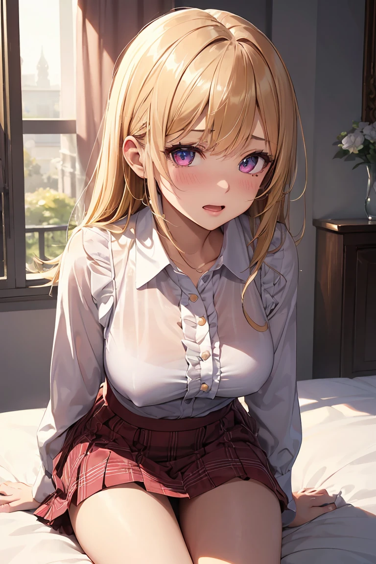 masterpiece, absurdres, best quality, ultra detailed, high Resolution, detailed illustration, bright colour, (extremely beautiful detailed face and eyes, Delicate beautiful face, 1 girl, 18yo, cute face:1.3), (magenta eyes:1.1), sparkling eyes, big eyes, (medium breasts:1.3), (perky breasts:1.1), (pointy breasts:1.1), medium hips, glamorous body, white skin, BREAK, (blonde hair:0.8), messy hair, detailed hair, shiny hair, BREAK (casual blouse, frill skirt:1.3), perfect lighting, (ecstasy, vulgarity:1.5), (embarrassed:1.3), bed, panties, Hold your knees,