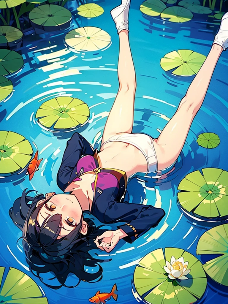 Woman walking on calm water, ((from above:1.5)), From above, Overlooking、Dancing Woman、Bottom Fish, lotus, Pool, Poolをを泳ぐ魚の影