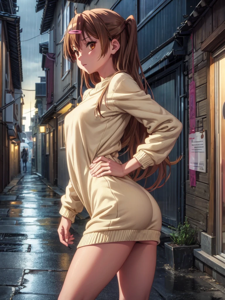 Girl, Sweater dress , Bare breasts, chest visible, street background, Narrow passage between houses, night, rain, slim body, In full growth, Sneakers, small breast, You can see the ass