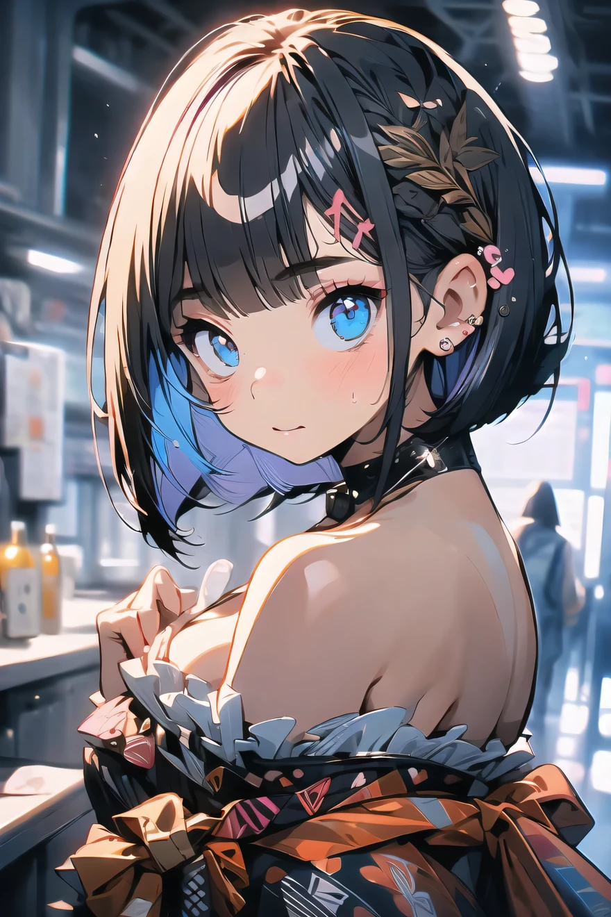 (best quality), (Super detailed), (Best Illustration), (masterpiece), score_9, score_8_up, score_7_up, (4k), (nsfw), (1woman), (full nude), (large breasts), {brown hair, (sideburns), (bob cut:1.3), curly hair, hairs between eyes, colored inner hair}, {(detailed eyes), heart-shaped pupils, blue eyes}, parted lips, embarrassed, nose blush, earring, sweat,