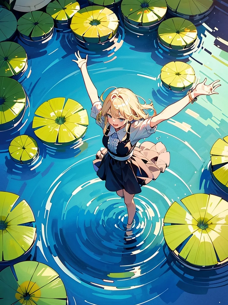 Woman walking on calm water, ((from above:1.5)), From above, Overlooking、Dancing Woman、Bottom Fish, lotus, Pool, Poolをを泳ぐ魚影