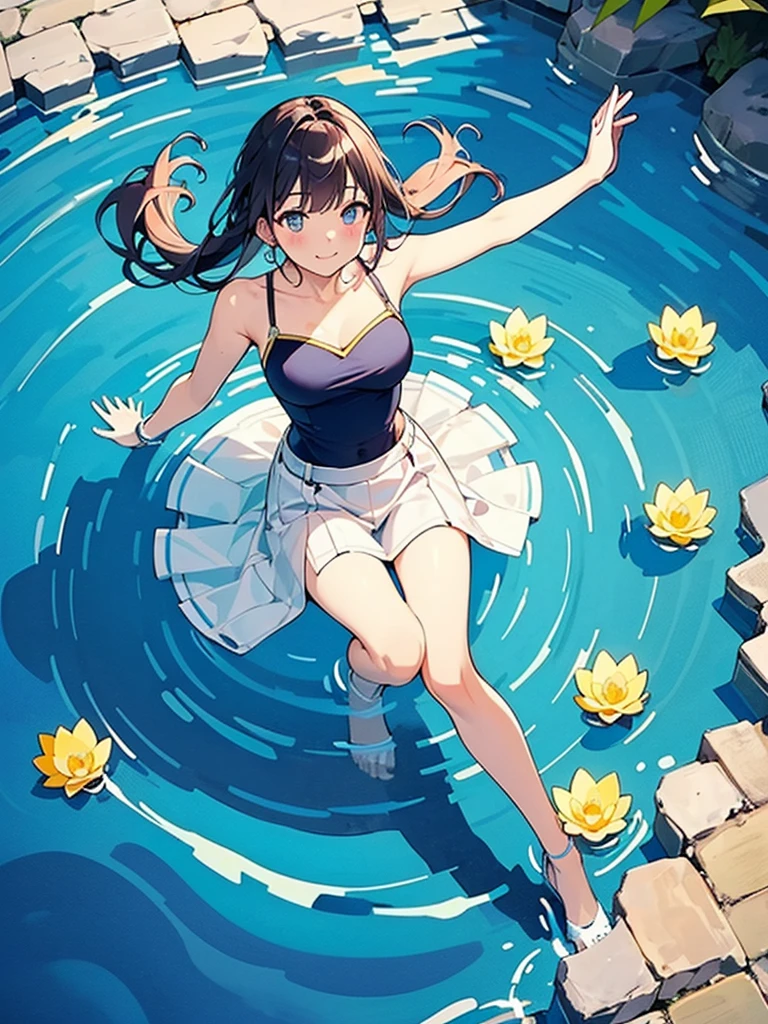 Woman walking on calm water, ((from above:1.5)), From above, Overlooking、Dancing Woman、Bottom Fish, lotus, Pool, Poolをを泳ぐ魚影
