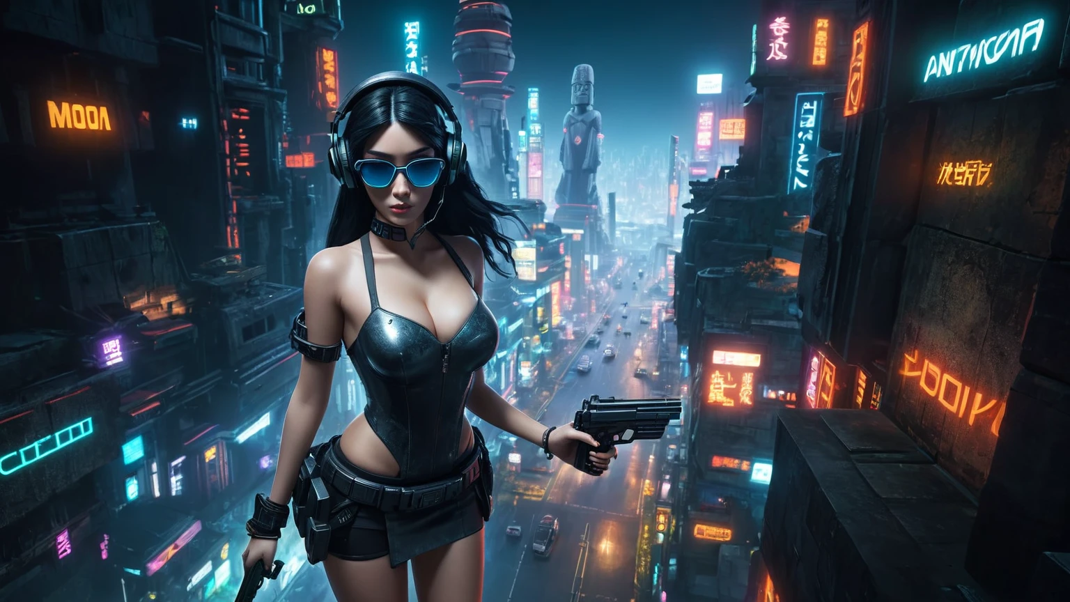 At night, dark sky, distant shot aerial view of fantasy cyberpunk style ((Moai-statue)) city, ((flying vehicle)). ((1girl, solo, alone)), medium-breast:1.1 slim body, cleavage, sexy clothes, (headphone, black sunglasses, long black realistic hair), (((hip-up standing and holding pistol))), half-body thigh level medium shot, cinematic lighting.