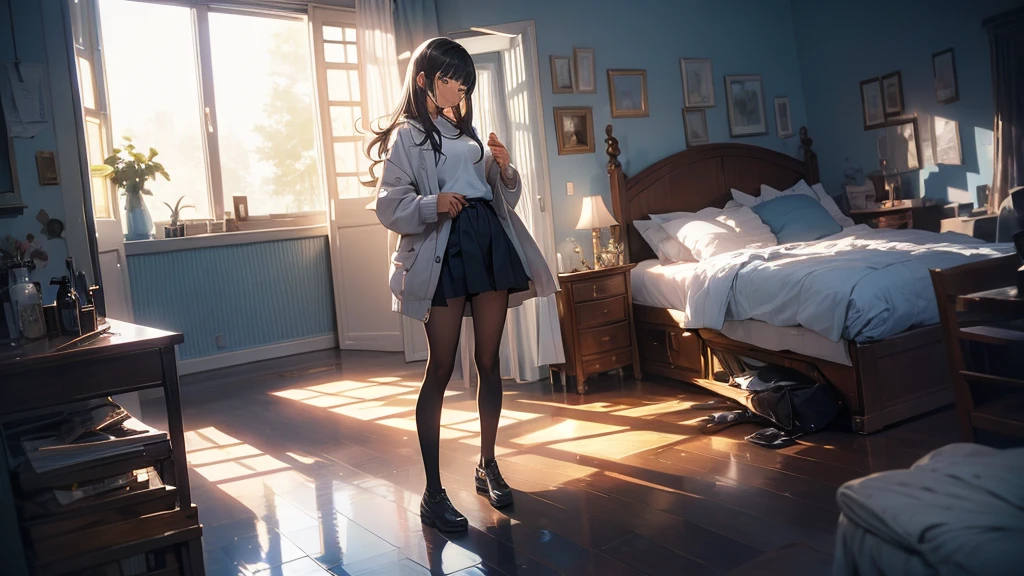 An anime girl standing in a softly lit room with a melancholic expression. She faces a tall mirror that reflects a shattered image, symbolizing broken dreams and unfulfilled expectations. The background shows a cozy room with personal items scattered around, indicating a once cherished relationship. A window lets in the soft light of a setting sun, casting long shadows and a warm glow, symbolizing the passage of time and fading hopes. The girl's posture is slightly slumped, conveying her emotional struggle. In her hand, she holds a photo of someone she once admired, now realizing the truth about them. The atmosphere is filled with a sense of sadness and realization, but also a hint of strength as she begins to accept the reality and move on. The lighting enhances her reflective mood, with shadows accentuating the depth of her emotions.
