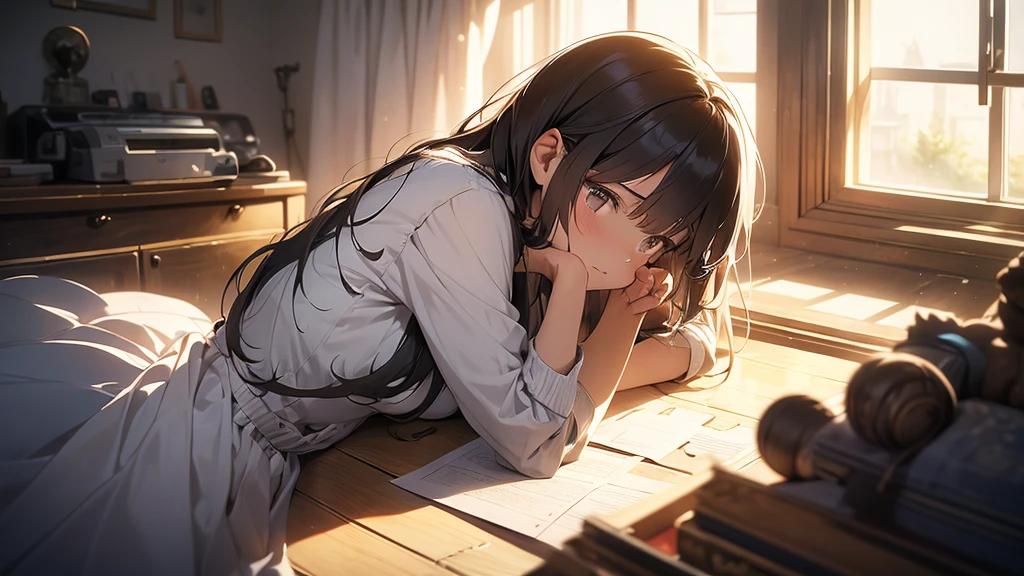 An anime girl standing in a softly lit room with a melancholic expression. She faces a tall mirror that reflects a shattered image, symbolizing broken dreams and unfulfilled expectations. The background shows a cozy room with personal items scattered around, indicating a once cherished relationship. A window lets in the soft light of a setting sun, casting long shadows and a warm glow, symbolizing the passage of time and fading hopes. The girl's posture is slightly slumped, conveying her emotional struggle. In her hand, she holds a photo of someone she once admired, now realizing the truth about them. The atmosphere is filled with a sense of sadness and realization, but also a hint of strength as she begins to accept the reality and move on. The lighting enhances her reflective mood, with shadows accentuating the depth of her emotions.
