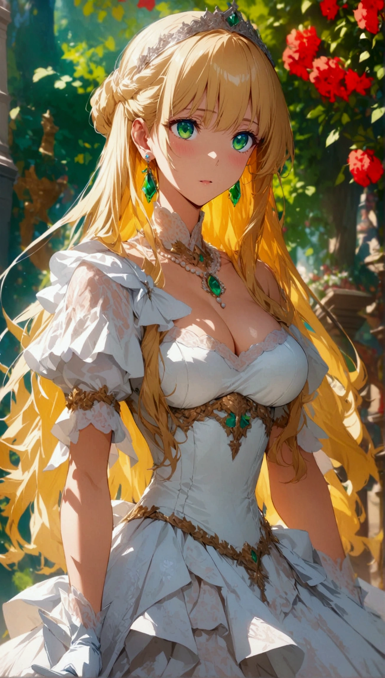 Anime. 1 Girl. Cute girl. Princess. Blonde. Long hair. Wavy hair. Green eyes. Beautiful eyes. Perfect eyes. Expressive eyes. Blind eyes. Blind. Ideal face. 16 years. Sitting chest. Beautiful breasts. Ideal anatomical body. Beautiful long legs. Luxurious white dress. White stockings. High heel shoes. White cane. Diadem. Pearl necklace. Neat earrings. White gloves. Standing at full height. She is standing on the street. Stands in the royal garden. Beautiful character design. Shiny skin. Full body. Official
art. Extremely detailed CG Unity 8k wallpaper. Ideal lighting. Ultra high resolution 4K. Super detailed 8K. A high resolution.