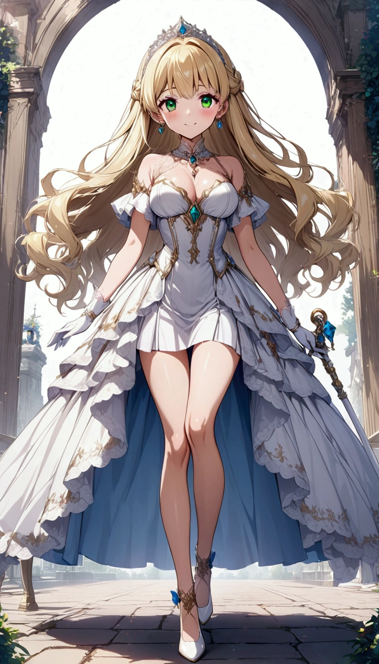 Anime. 1 Girl. Cute girl. Princess. Blonde. Long hair. Wavy hair. Green eyes. Beautiful eyes. Perfect eyes. Expressive eyes. Blind eyes. Blind. Ideal face. . Sitting chest. Beautiful breasts. Ideal anatomical body. Beautiful long legs. Luxurious white dress. White stockings. High heel shoes. White cane. Diadem. Pearl necklace. Neat earrings. White gloves. Standing at full height. She is standing on the street. Stands in the royal garden. Beautiful character design. Shiny skin. Full body. Official
art. Extremely detailed CG Unity 8k wallpaper. Ideal lighting. Ultra high resolution 4K. Super detailed 8K. A high resolution.
